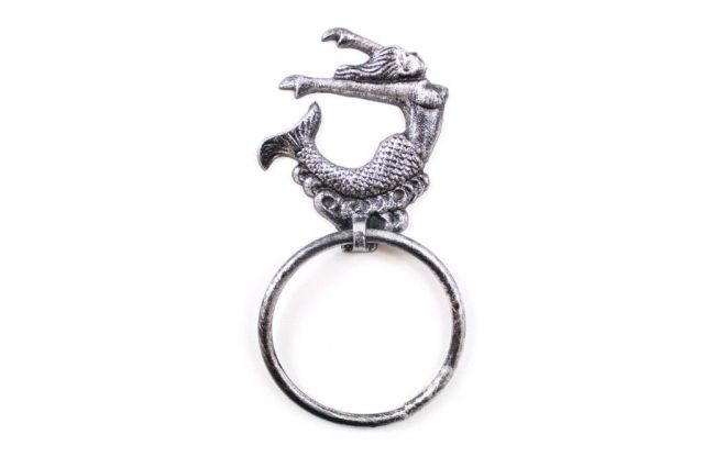 Picture of Handcrafted Model Ships K-9046-MER-Silver Cast Iron Arching Mermaid Towel Holder&#44; Rustic Silver Cast - 9 in.