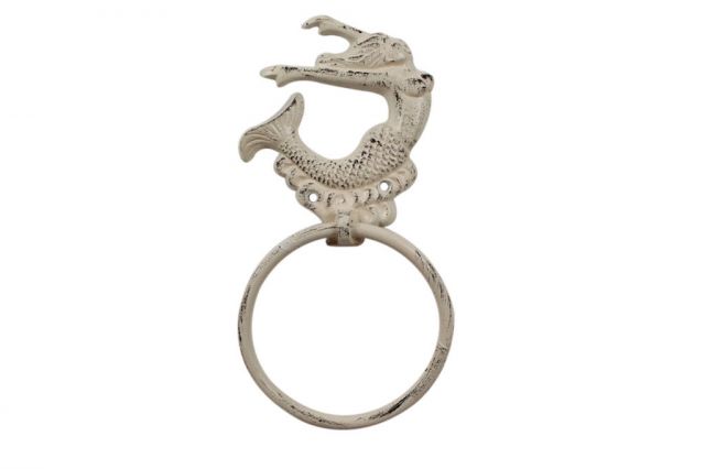 Picture of Handcrafted Model Ships K-9046-MER-W Whitewashed Cast Iron Arching Mermaid Towel Holder - 9 in.