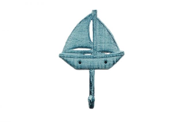 Picture of Handcrafted Model Ships K-9052-BOAT-Dark-Blue Whitewashed Cast Iron Sailboat Wall Hook&#44; Rustic Dark Blue - 7 in.