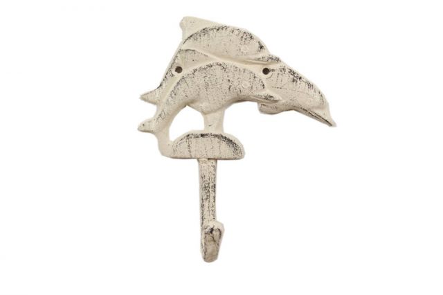 Whitewashed Cast Iron Dolphins Wall Hook - 6 in.