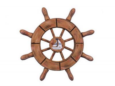 6 in. Rustic Wood Finish Decorative Ship Wheel With Sailboat - Red - 6 in.