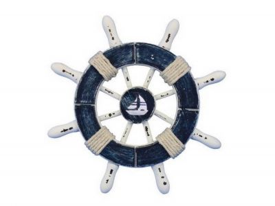 6 in. Rustic Dark Blue & White Decorative Ship Wheel With Sailboat - 6 in. - Rustic Dark Blue & White
