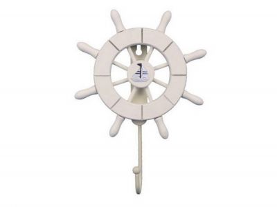 8 in. White Decorative Ship Wheel with Sailboat & Hook - LightBlue - 8 in.