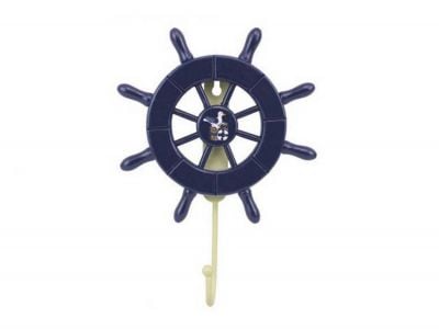 8 in. Dark Blue Decorative Ship Wheel with Seagull & Hook - DarkBlue - 8 in.