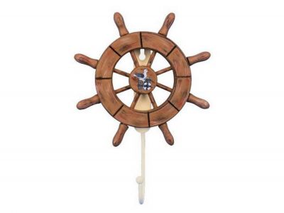 8 in. Rustic Wood Finish Decorative Ship Wheel with Seagull & Hook
