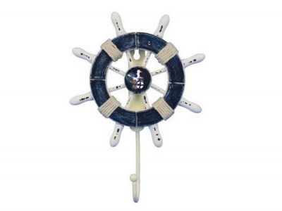 8 in. Rustic Dark Blue & White Decorative Ship Wheel With Seagull & Hook