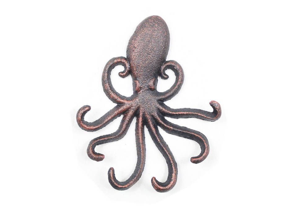 K-0754-RC Rustic Copper Cast Iron Wall Mounted Decorative Octopus Hooks, 7 in.