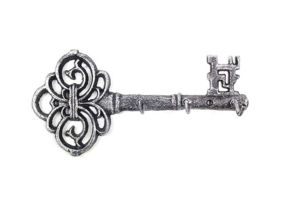 K-1199-Silver Rustic Silver Cast Iron Vintage Key Wall Mounted Key Hooks, 11 in.