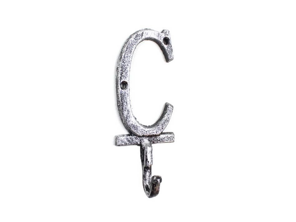 K-9056-C-Silver Rustic Silver Cast Iron Letter C Alphabet Wall Hook, 6 in.