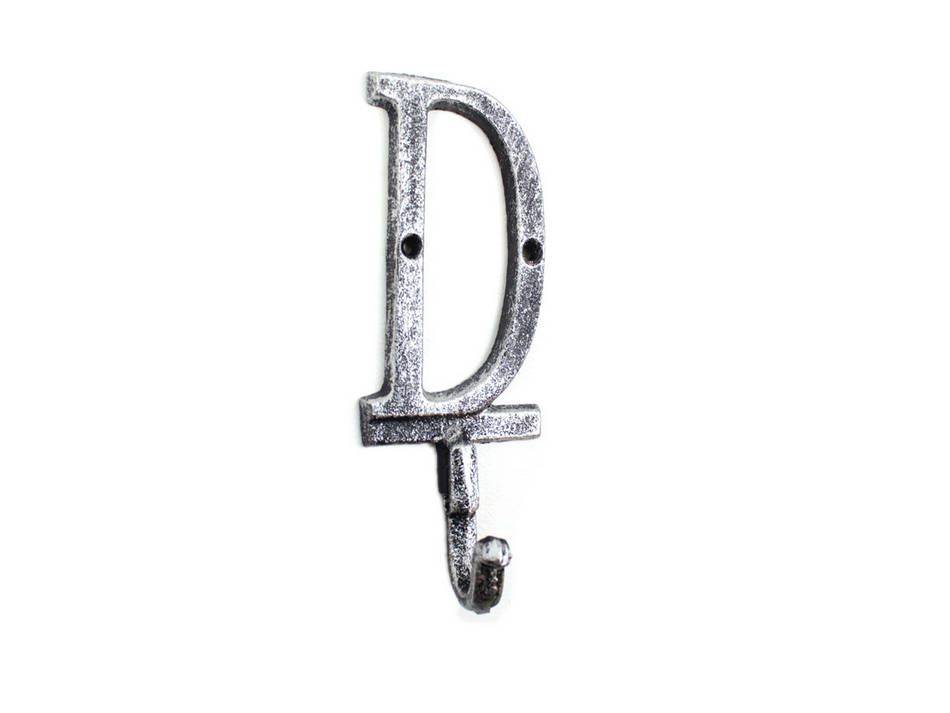 K-9056-D-Silver Rustic Silver Cast Iron Letter D Alphabet Wall Hook, 6 in.