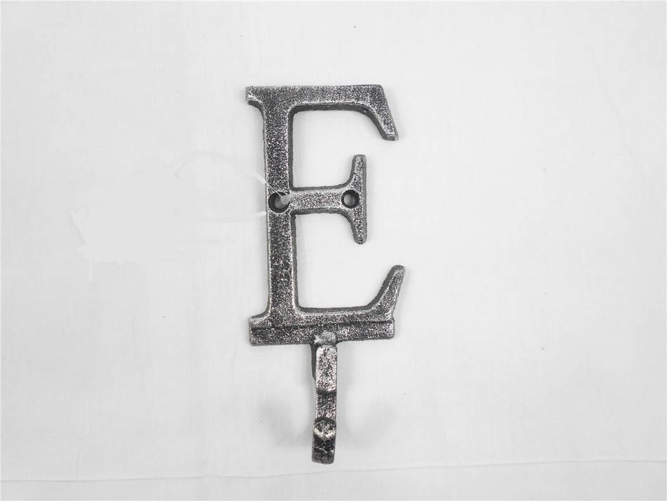 K-9056-E-Silver Rustic Silver Cast Iron Letter E Alphabet Wall Hook, 6 in.