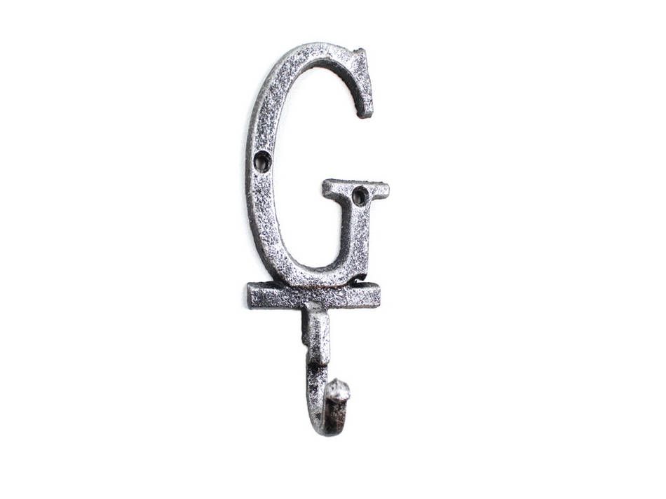 K-9056-G-Silver Rustic Silver Cast Iron Letter G Alphabet Wall Hook, 6 in.