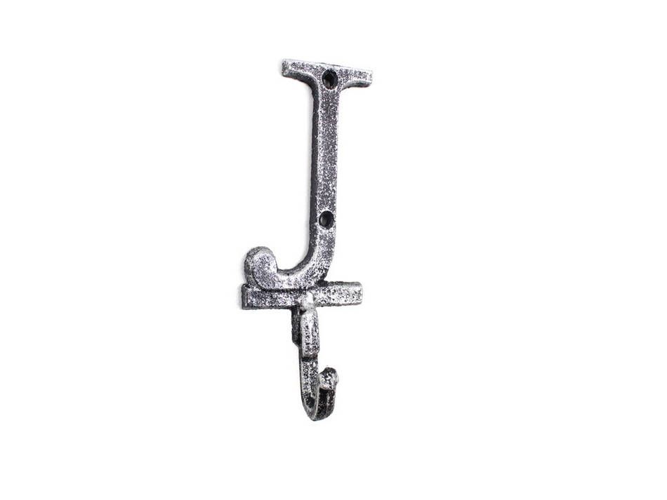 K-9056-J-Silver Rustic Silver Cast Iron Letter J Alphabet Wall Hook, 6 in.
