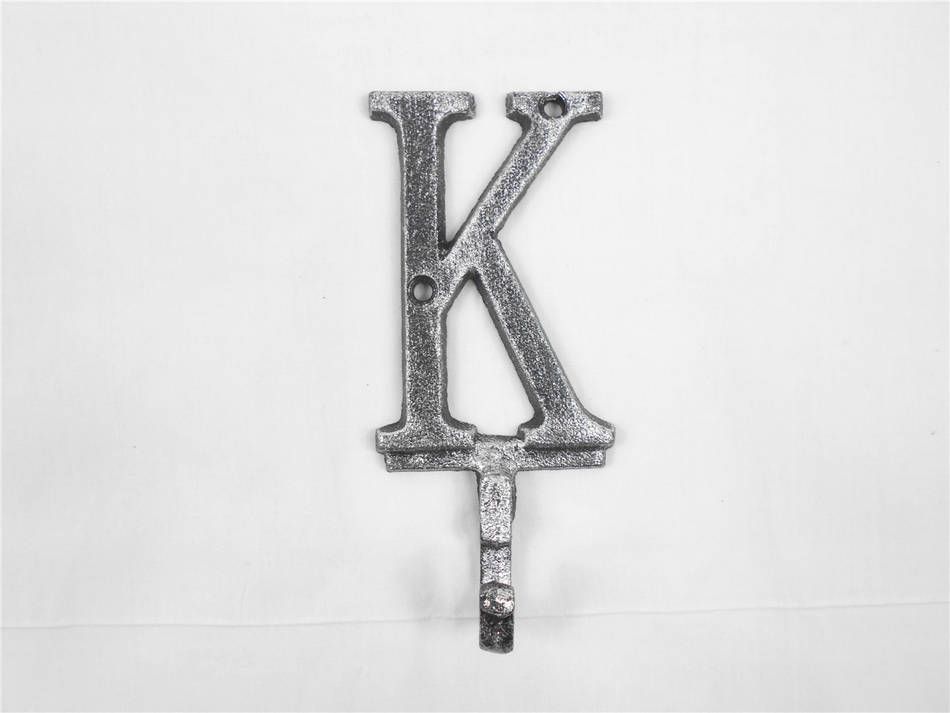 K-9056-K-Silver Rustic Silver Cast Iron Letter K Alphabet Wall Hook, 6 in.