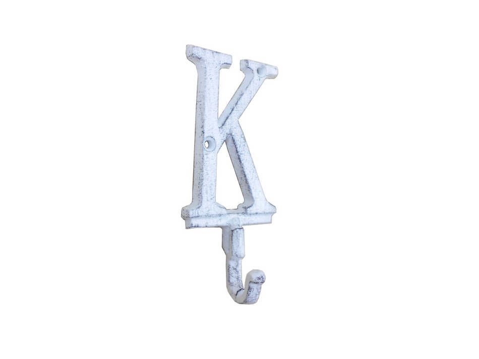 K-9056-K-W Whitewashed Cast Iron Letter K Alphabet Wall Hook, 6 in.