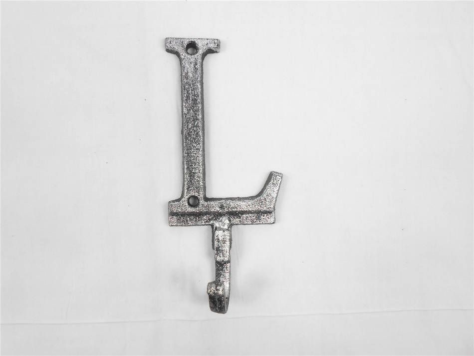 K-9056-L-Silver Rustic Silver Cast Iron Letter L Alphabet Wall Hook, 6 in.