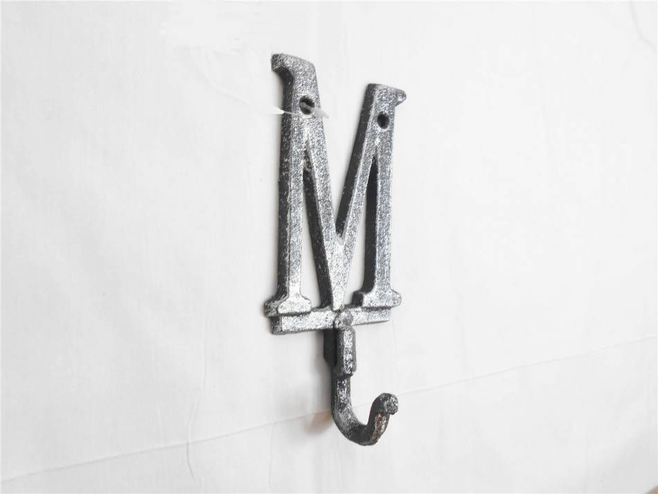 K-9056-M-Silver Rustic Silver Cast Iron Letter M Alphabet Wall Hook, 6 in.