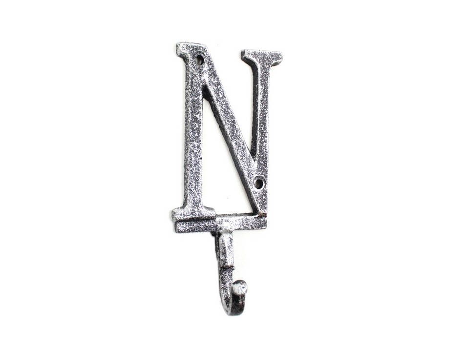 K-9056-N-Silver Rustic Silver Cast Iron Letter N Alphabet Wall Hook, 6 in.