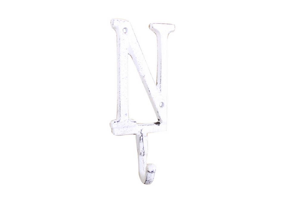 K-9056-N-W Whitewashed Cast Iron Letter N Alphabet Wall Hook, 6 in.