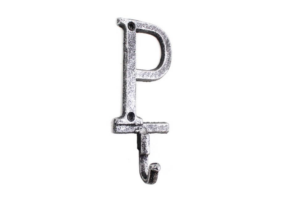 K-9056-P-Silver Rustic Silver Cast Iron Letter P Alphabet Wall Hook, 6 in.