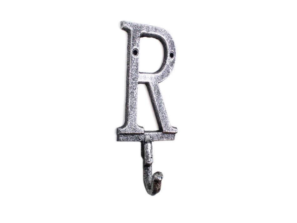 K-9056-R-Silver Rustic Silver Cast Iron Letter R Alphabet Wall Hook, 6 in.