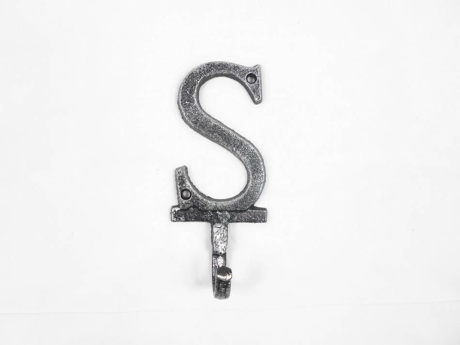 K-9056-S-Silver Rustic Silver Cast Iron Letter S Alphabet Wall Hook, 6 in.