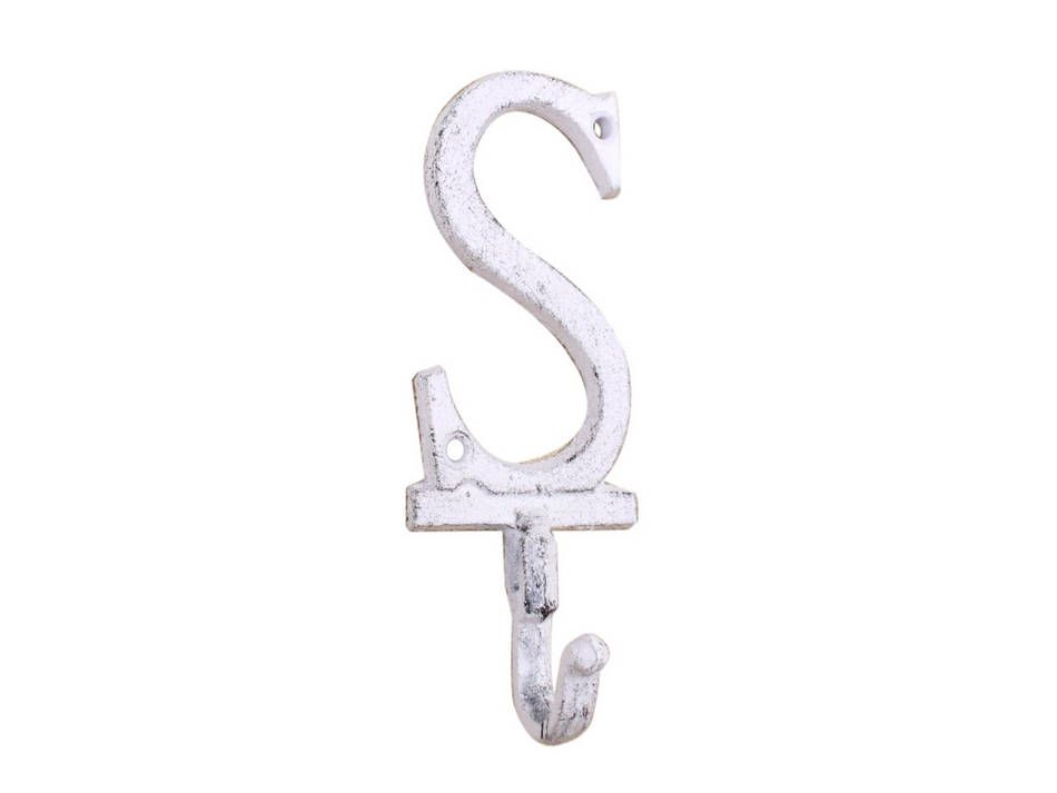 K-9056-S-W Whitewashed Cast Iron Letter S Alphabet Wall Hook, 6 in.