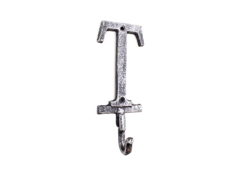 K-9056-T-Silver Rustic Silver Cast Iron Letter T Alphabet Wall Hook, 6 in.