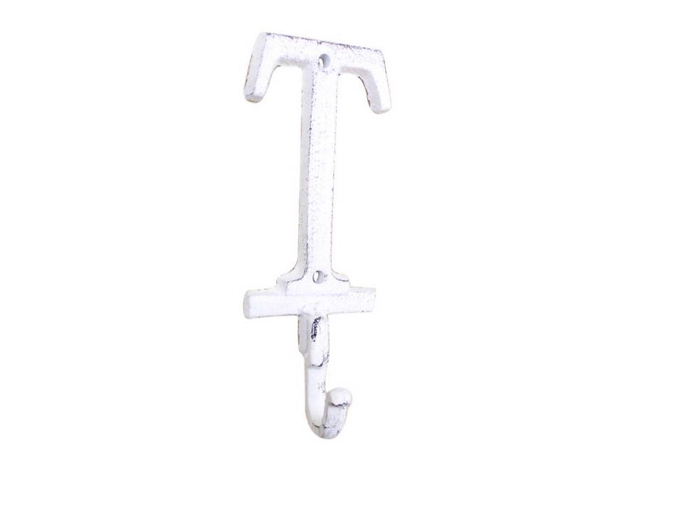 K-9056-T-W Whitewashed Cast Iron Letter T Alphabet Wall Hook, 6 in.