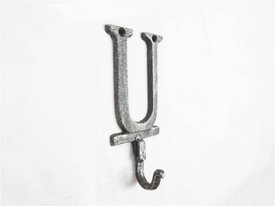 K-9056-U-Silver Rustic Silver Cast Iron Letter U Alphabet Wall Hook, 6 in.