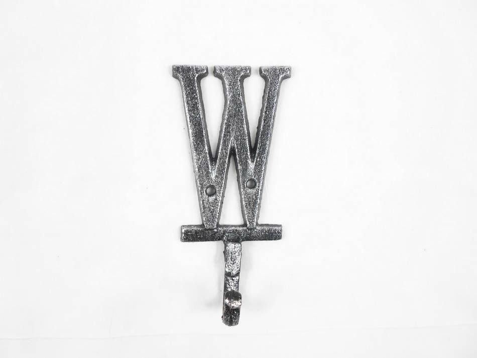 K-9056-W-Silver Rustic Silver Cast Iron Letter W Alphabet Wall Hook, 6 in.