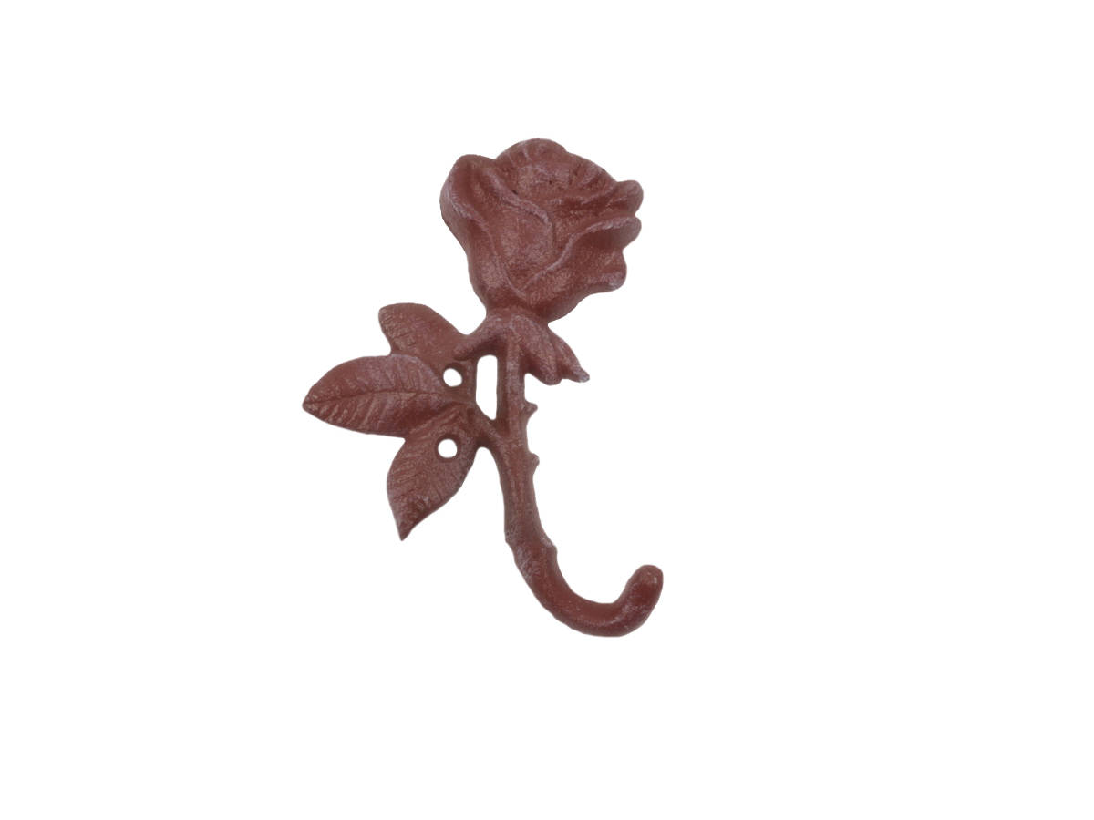 k-9214-Rose-ww-red 5.5 x 1 x 4 in. Rustic Red Whitewashed Cast Iron Long Stem Rose Decorative Metal Wall Hooks -  Handcrafted Model Ships