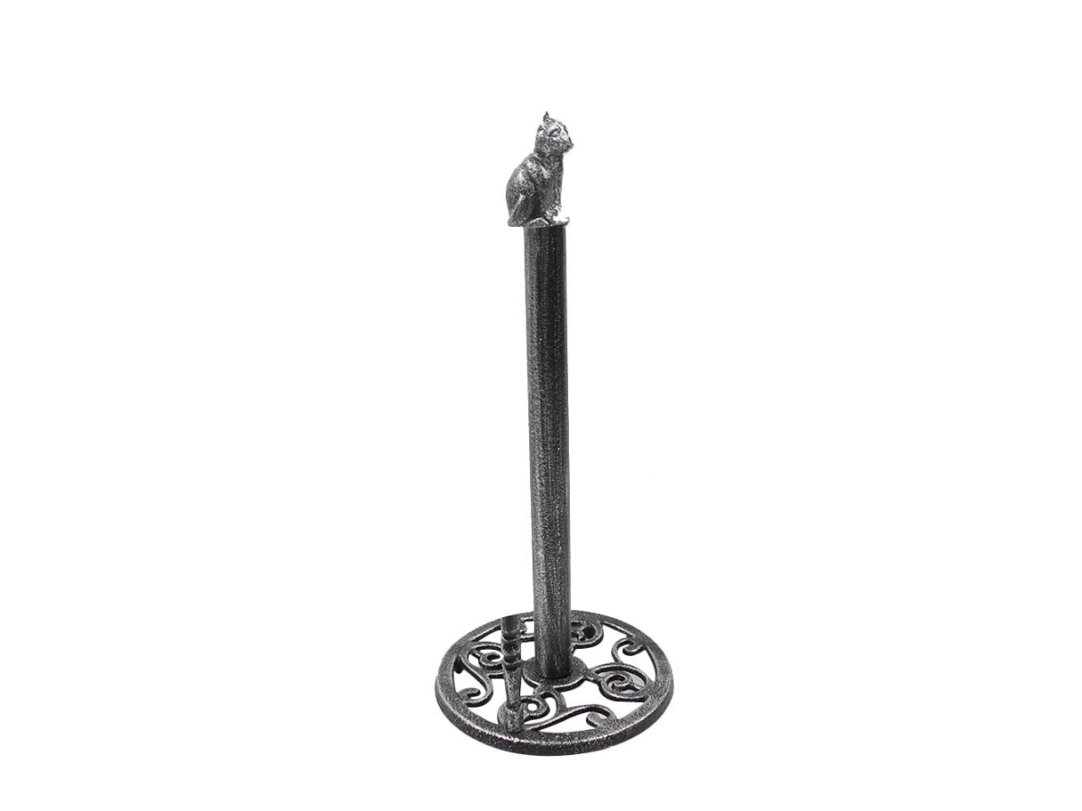Picture of Handcrafted Model Ships K-9234-Silver-T 16 x 7 x 7 in. Rustic Silver Cast Iron Sitting Cat Bathroom Extra Toilet Paper Stand