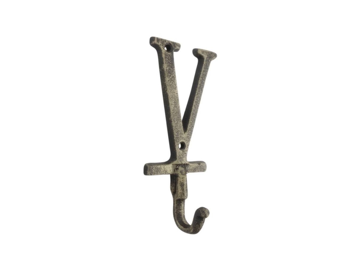 6 x 1 x 3 in. Rustic Gold Cast Iron Letter V Alphabet Wall Hooks
