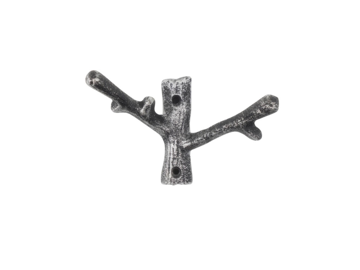 K-9128-silver 5 x 2 x 3.5 in. Rustic Silver Cast Iron Forked Tree Branch Decorative Metal Double Wall Hooks