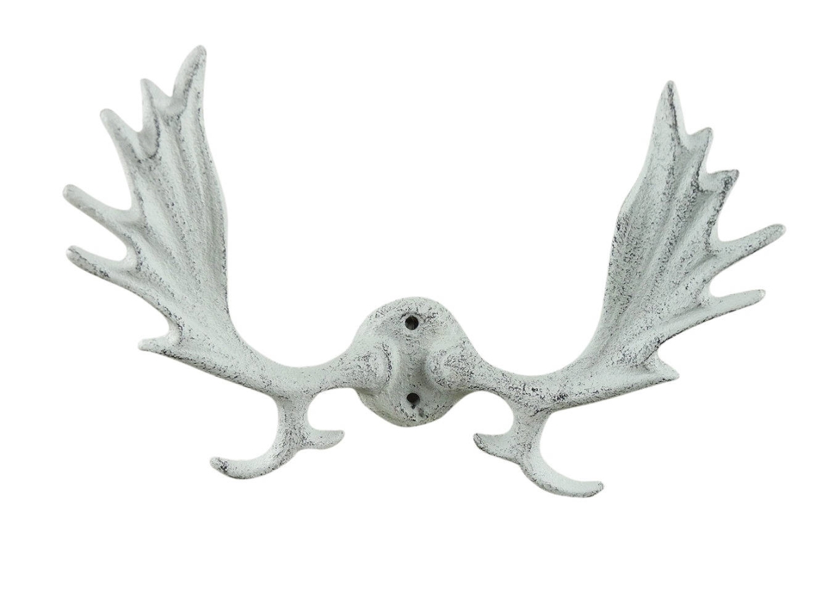K-9141-w 8 x 2 x 4.5 in. Whitewashed Cast Iron Moose Antler Decorative Metal Wall Hooks