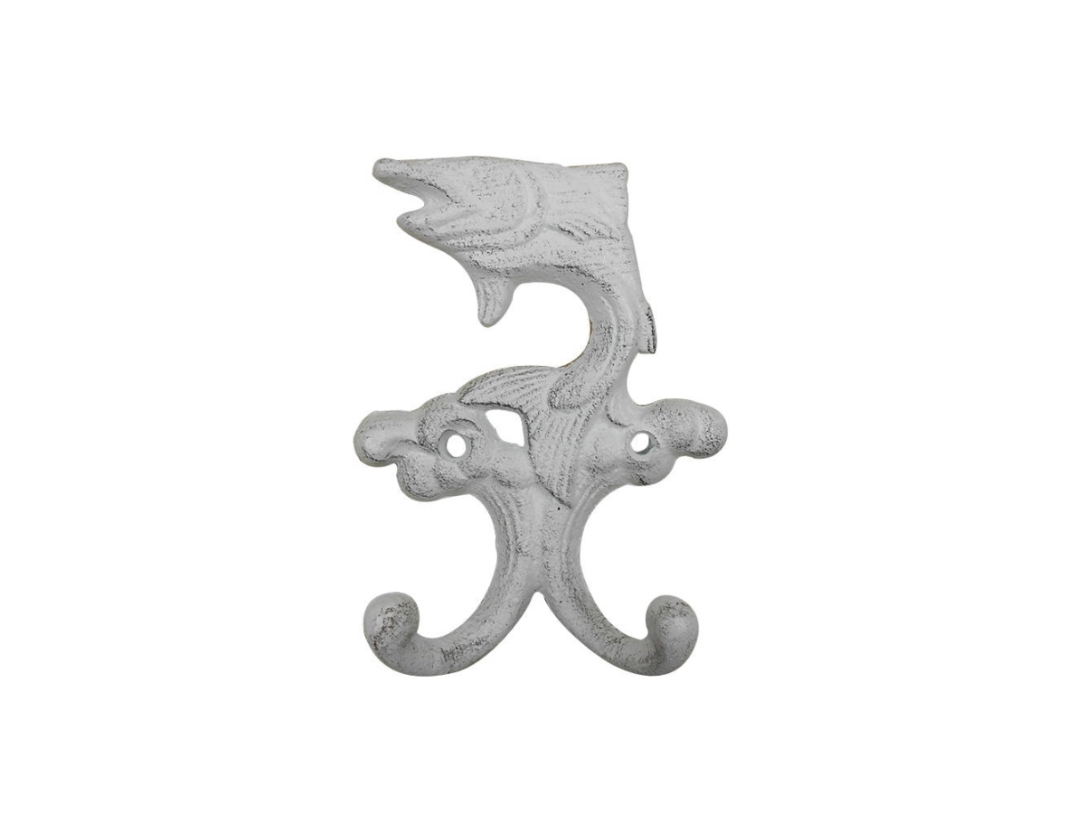 5 x 1.5 x 4 in. Whitewashed Cast Iron Flying Fish Decorative Metal Double Wall Hooks