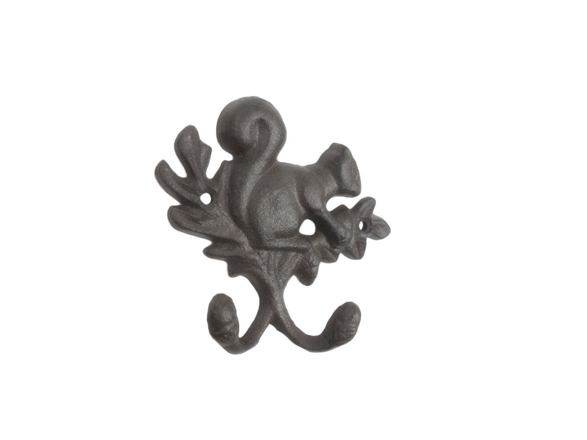 K-9930-cast-iron 8 x 1 x 4.5 in. Cast Iron Squirrel with Acorn Decorative Double Metal Wall Hooks