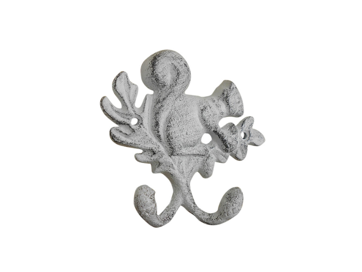 8 x 1 x 4.5 in. Whitewashed Cast Iron Squirrel with Acorn Decorative Double Metal Wall Hooks