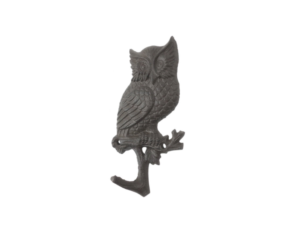 K-9932-cast-iron 6.5 x 1 x 5 in. Cast Iron Owl Sitting on a Tree Branch Decorative Metal Wall Hooks