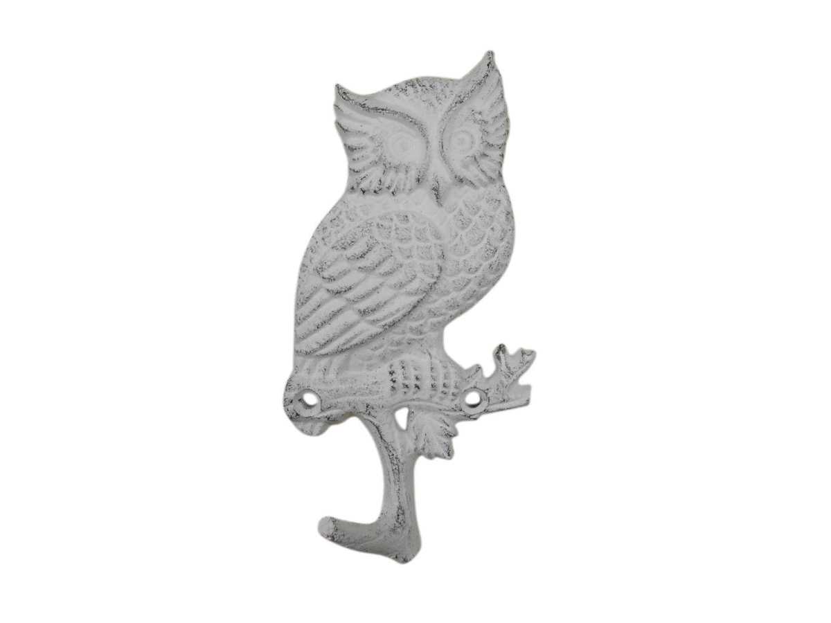 K-9932-w 6.5 x 1 x 5 in. Whitewashed Cast Iron Owl Sitting on a Tree Branch Decorative Metal Wall Hooks