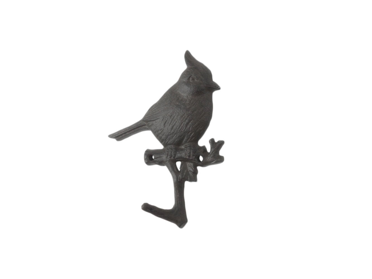 K-9933-Card-cast-iron 6.5 x 1 x 5 in. Cast Iron Cardinal Sitting on a Tree Branch Decorative Metal Wall Hooks