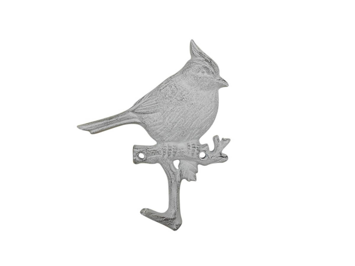 K-9934-Card-w 6.5 x 1 x 5 in. Whitewashed Cast Iron Cardinal Sitting on a Tree Branch Decorative Metal Wall Hooks