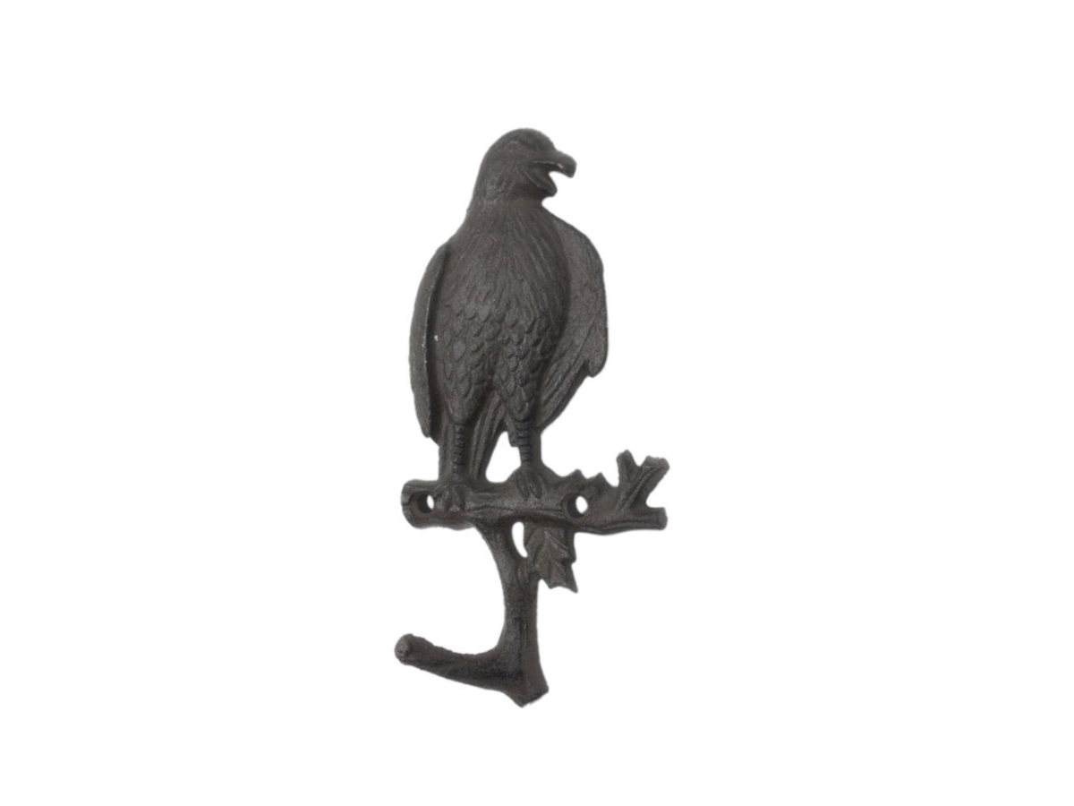 K-9934-cast-iron 5 x 1 x 7.5 in. Cast Iron Eagle Sitting on a Tree Branch Decorative Metal Wall Hooks