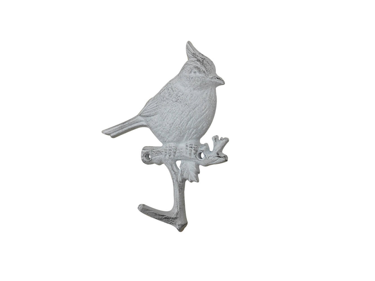 6.5 x 1 x 5 in. Whitewashed Cast Iron Baltimore Oriole Sitting on a Tree Branch Decorative Metal Wall Hooks