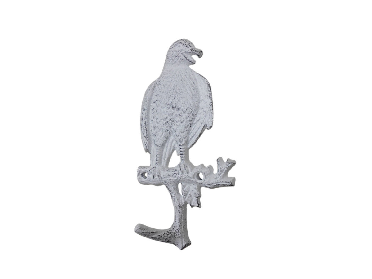 5 x 1 x 7.5 in. Whitewashed Cast Iron Eagle Sitting on a Tree Branch Decorative Metal Wall Hooks