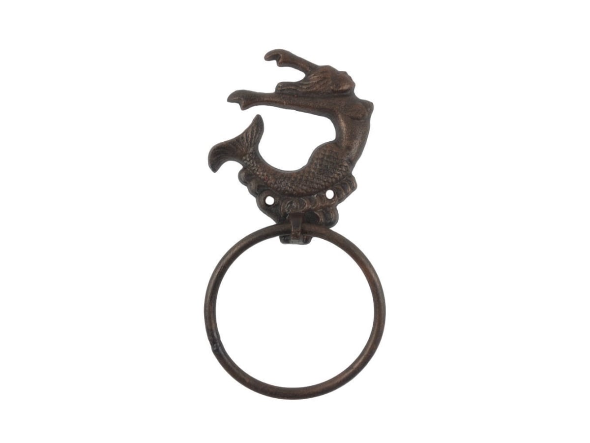 Picture of Handcrafted Model Ships K-9046-MER-rc 9 x 1 x 5 in. Rustic Copper Cast Iron Decorative Arching Mermaid Towel Holder