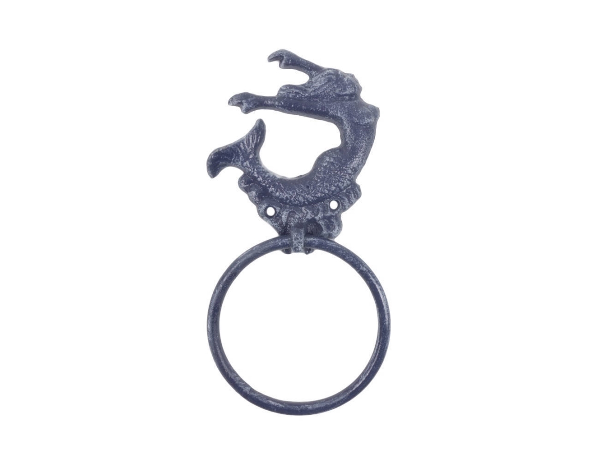 Picture of Handcrafted Model Ships K-9046-MER-Solid-Dark-Blue 9 x 1 x 5 in. Rustic Dark Blue Cast Iron Arching Mermaid Towel Holder