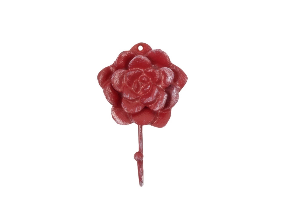 K-9048-L-ww-red 7 x 2 x 4 in. Red Whitewashed Cast Iron Decorative Rose Hooks -  Handcrafted Model Ships