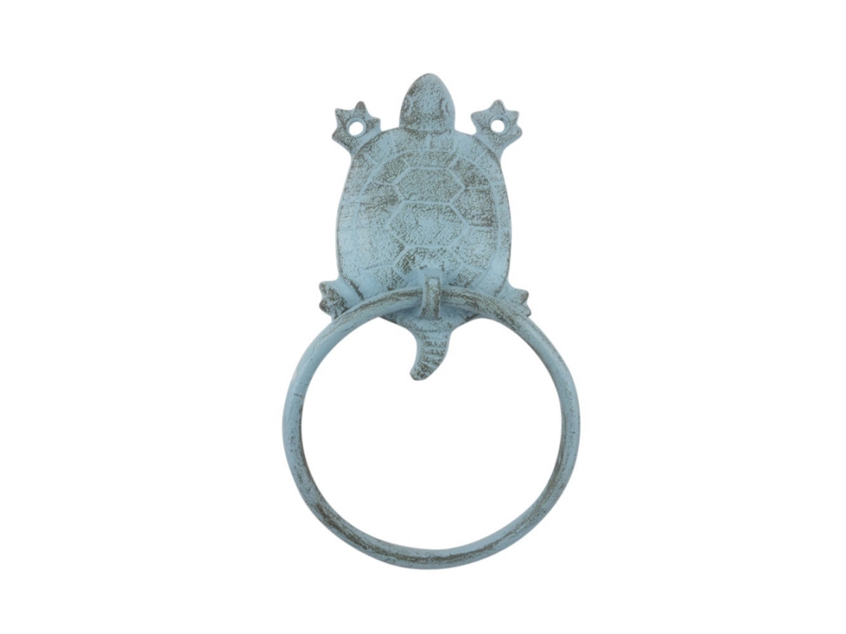 Picture of Handcrafted Model Ships K-9048-T-solid-light-blue 8 x 1 x 5 in. Rustic Light Blue Cast Iron Decorative Turtle Towel Holder